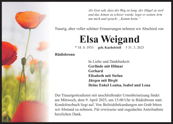 Traueranzeige von Elsa Weigand von Neustadt/ Scheinfeld/ Uffenheim