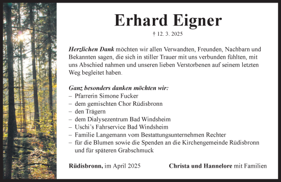 Traueranzeige von Erhard Eigner von Neustadt/ Scheinfeld/ Uffenheim