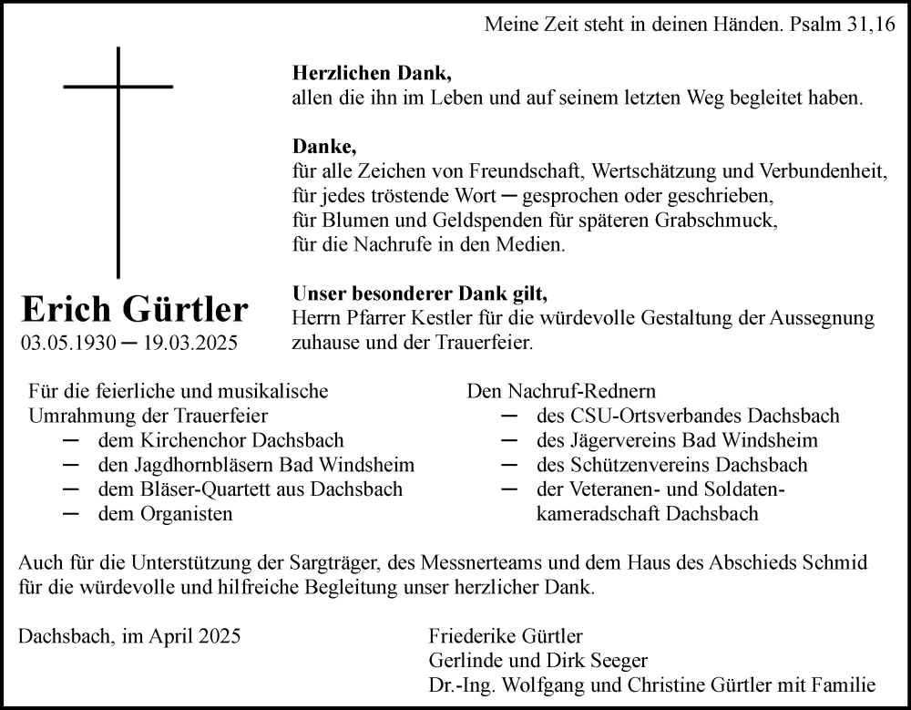  Traueranzeige für Erich Gürtler vom 19.04.2025 aus Neustadt/ Scheinfeld/ Uffenheim