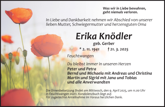 Traueranzeige von Erika Knödler von Dinkelsbühl/ Feuchtwangen