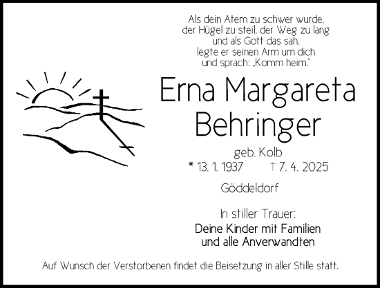 Traueranzeige von Erna Margareta Behringer von Ansbach
