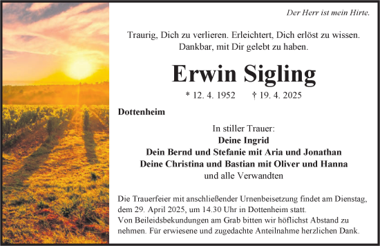 Traueranzeige von Erwin Sigling von Neustadt/ Scheinfeld/ Uffenheim
