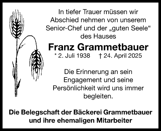 Traueranzeige von Franz Grammetbauer von Neustadt/ Scheinfeld/ Uffenheim