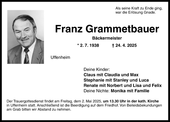 Traueranzeige von Franz Grammetbauer von Neustadt/ Scheinfeld/ Uffenheim