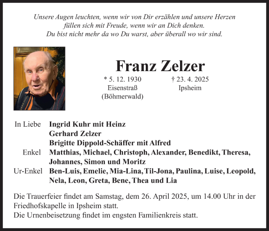 Traueranzeige von Franz Zelzer von Neustadt/ Scheinfeld/ Uffenheim