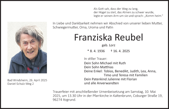 Traueranzeige von Franziska Reubel von Neustadt/ Scheinfeld/ Uffenheim