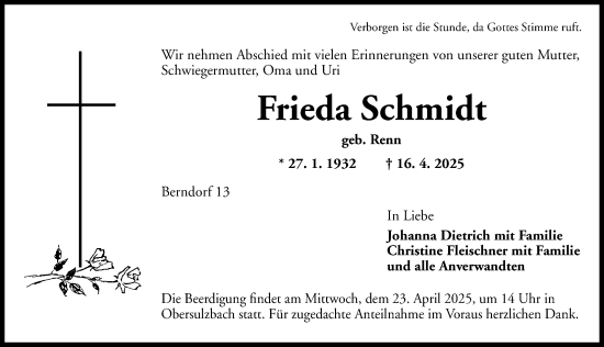Traueranzeige von Frieda Schmidt von Ansbach