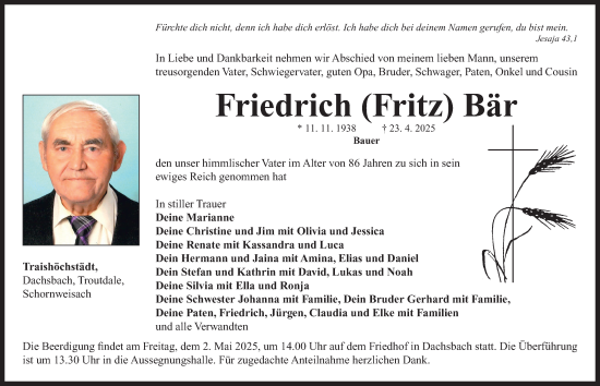 Traueranzeige von Friedrich Bär von Neustadt/ Scheinfeld/ Uffenheim