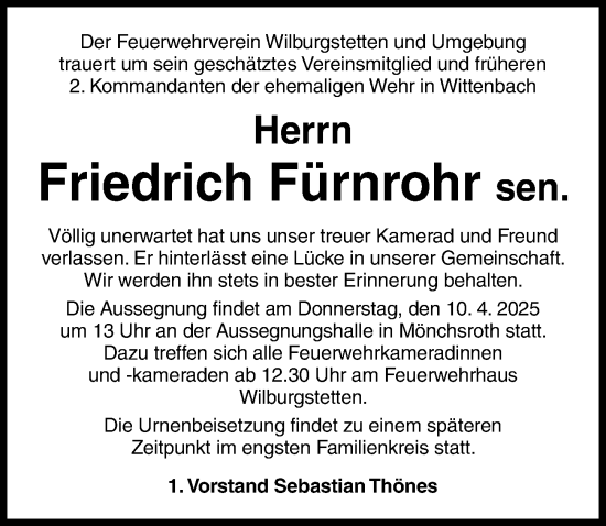 Traueranzeige von Friedrich Fürnrohr von Dinkelsbühl/ Feuchtwangen