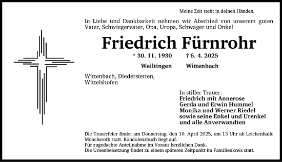 Traueranzeige von Friedrich Fürnrohr von Dinkelsbühl/ Feuchtwangen