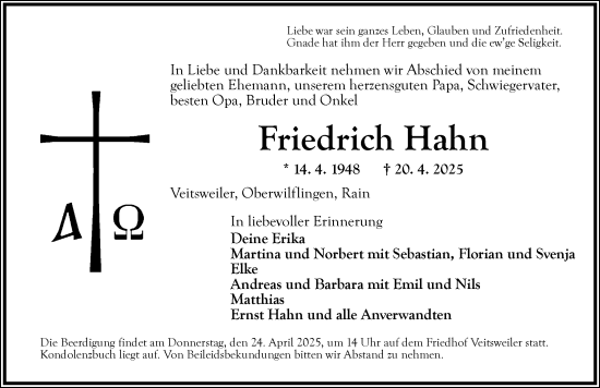 Traueranzeige von Friedrich Hahn von Dinkelsbühl/ Feuchtwangen