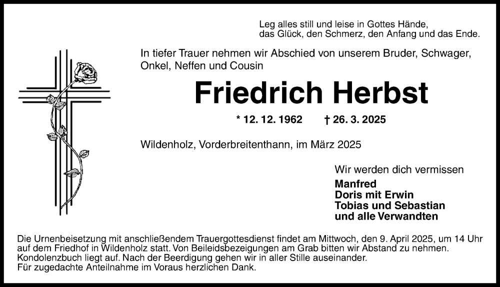  Traueranzeige für Friedrich Herbst vom 07.04.2025 aus Dinkelsbühl/ Feuchtwangen