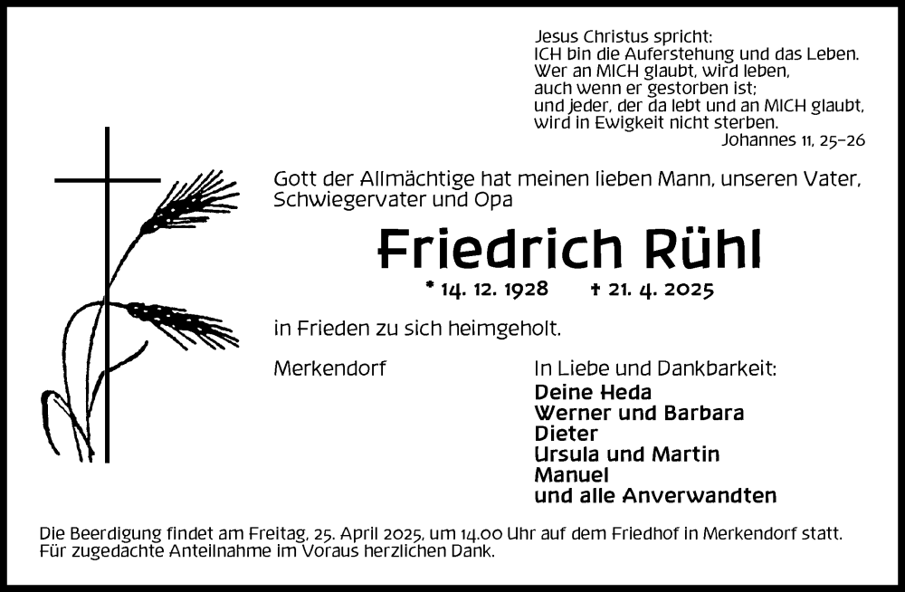  Traueranzeige für Friedrich Rühl vom 23.04.2025 aus Ansbach
