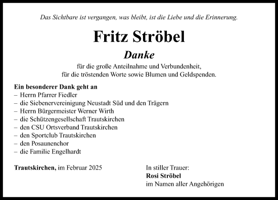 Traueranzeige von Fritz Ströbel von Neustadt/ Scheinfeld/ Uffenheim