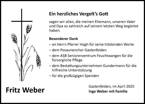Traueranzeige von Fritz Weber von Rothenburg