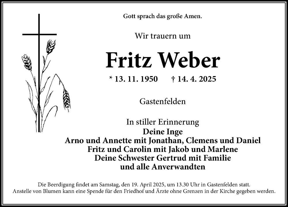  Traueranzeige für Fritz Weber vom 17.04.2025 aus Rothenburg