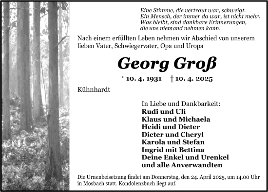 Traueranzeige von Georg Groß von Dinkelsbühl/ Feuchtwangen