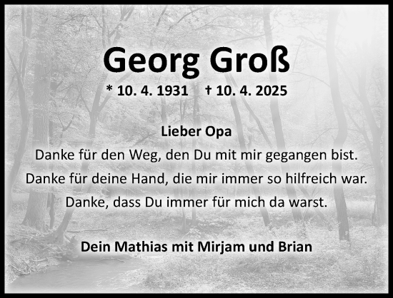 Traueranzeige von Georg Groß von Dinkelsbühl/ Feuchtwangen