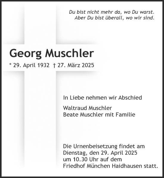 Traueranzeige von Georg Muschler von Ansbach