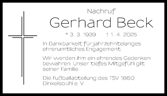 Traueranzeige von Gerhard Beck von Dinkelsbühl/ Feuchtwangen