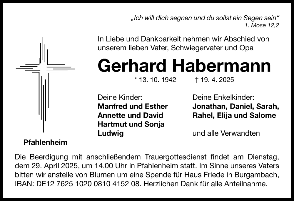  Traueranzeige für Gerhard Habermann vom 26.04.2025 aus Neustadt/ Scheinfeld/ Uffenheim