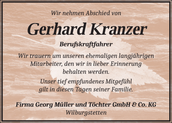 Traueranzeige von Gerhard Kranzer von Dinkelsbühl/ Feuchtwangen
