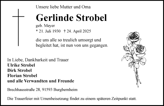 Traueranzeige von Gerlinde Strobel von Rothenburg