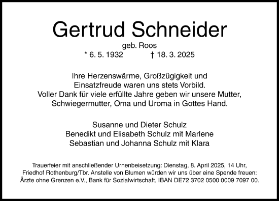 Traueranzeige von Gertrud Schneider von Rothenburg