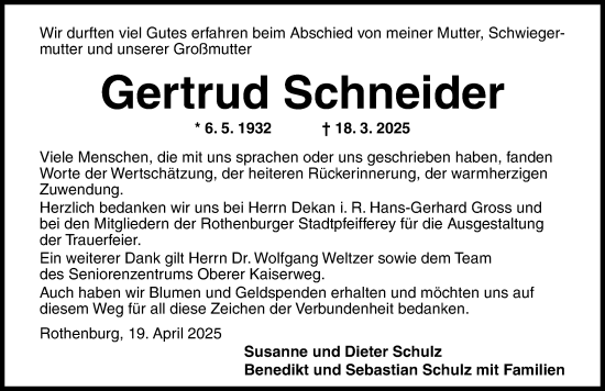 Traueranzeige von Gertrud Schneider von Rothenburg