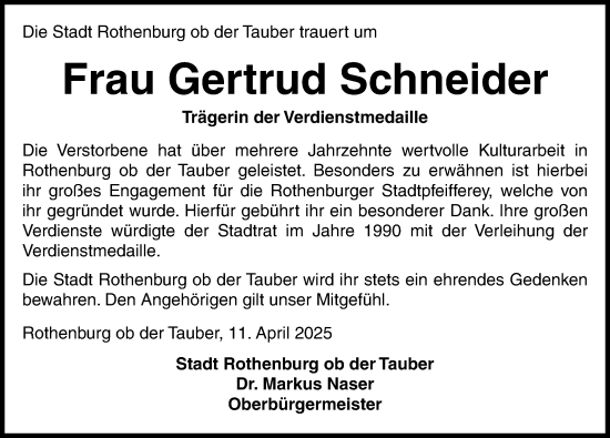 Traueranzeige von Gertrud Schneider von Rothenburg