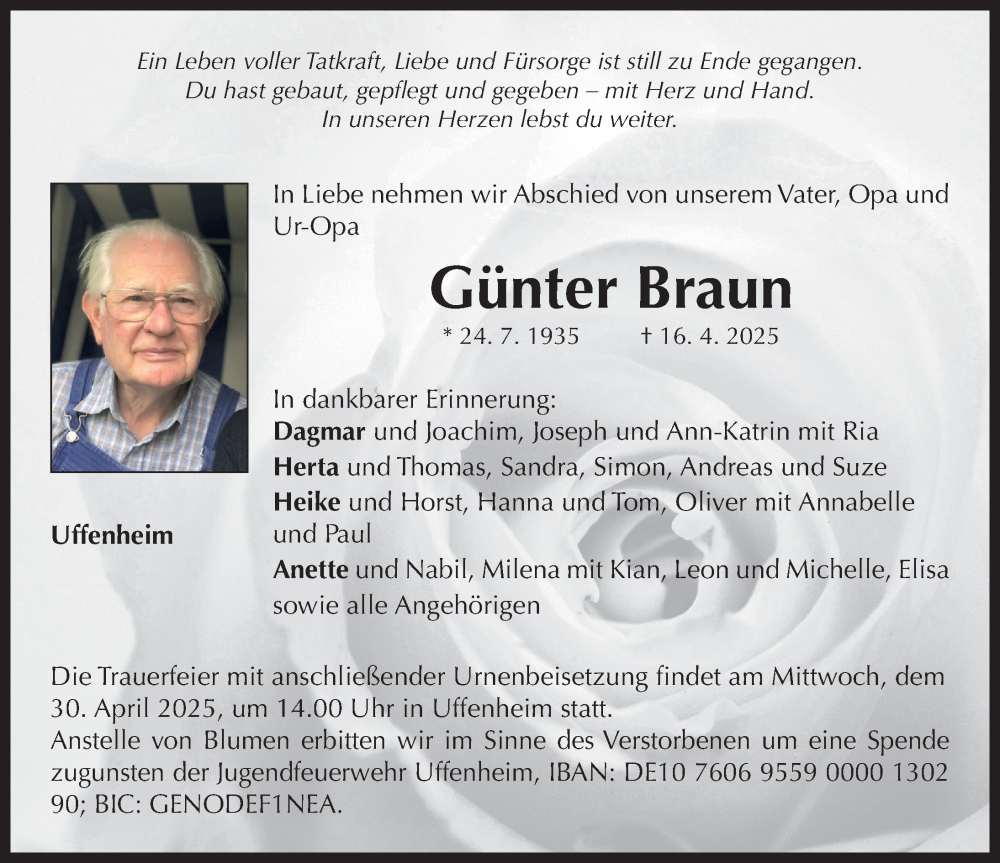  Traueranzeige für Günter Braun vom 26.04.2025 aus Neustadt/ Scheinfeld/ Uffenheim