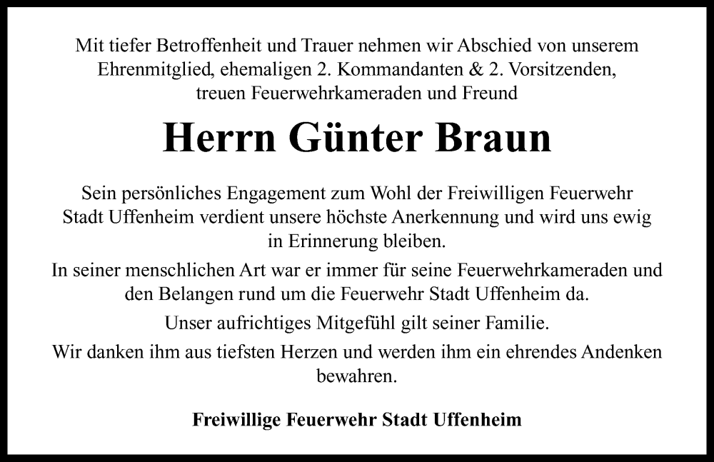  Traueranzeige für Günter Braun vom 26.04.2025 aus Neustadt/ Scheinfeld/ Uffenheim