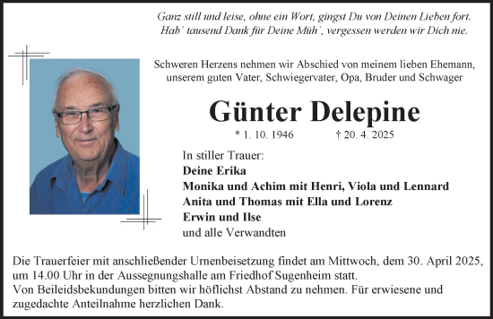 Traueranzeige von Günter Delepine von Neustadt/ Scheinfeld/ Uffenheim
