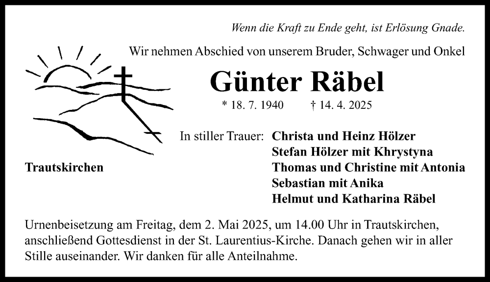  Traueranzeige für Günter Räbel vom 26.04.2025 aus Neustadt/ Scheinfeld/ Uffenheim