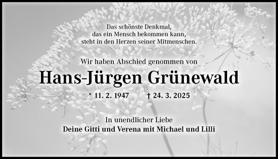 Traueranzeige von Hans-Jürgen Grünewald von Ansbach