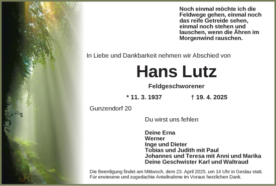 Traueranzeige von Hans Lutz von Rothenburg