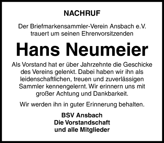 Traueranzeige von Hans Neumeier von Ansbach