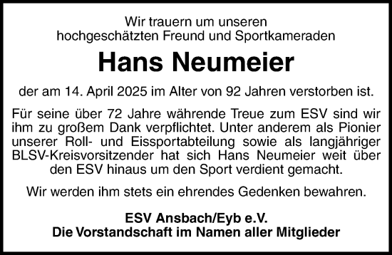 Traueranzeige von Hans Neumeier von Ansbach