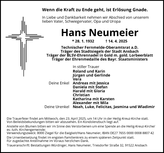 Traueranzeige von Hans Neumeier von Ansbach