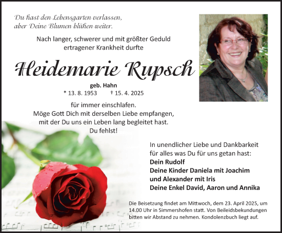 Traueranzeige von Heidemarie Rupsch von Neustadt/ Scheinfeld/ Uffenheim