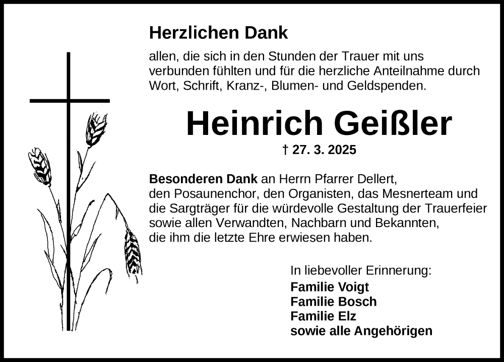  Traueranzeige für Heinrich Geißler vom 12.04.2025 aus Dinkelsbühl/ Feuchtwangen