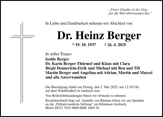 Traueranzeige von Heinz Berger von Ansbach