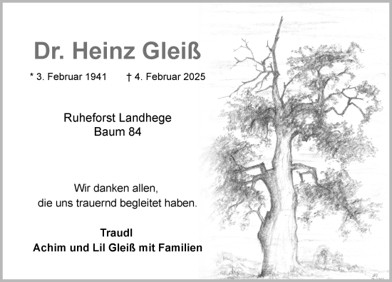Traueranzeige von Heinz Gleiß von Rothenburg