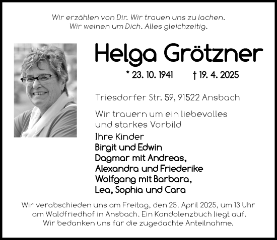 Traueranzeige von Helga Grötzner von Ansbach