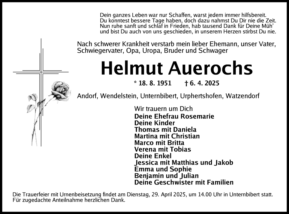  Traueranzeige für Helmut Auerochs vom 26.04.2025 aus Ansbach