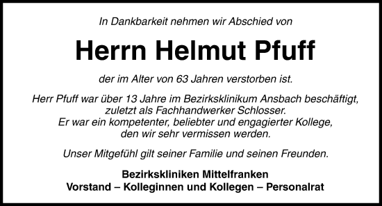 Traueranzeige von Helmut Pfuff von Ansbach