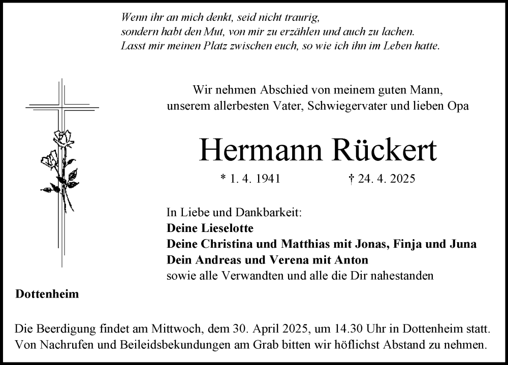  Traueranzeige für Hermann Rückert vom 28.04.2025 aus Neustadt/ Scheinfeld/ Uffenheim