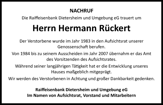 Traueranzeige von Hermann Rückert von Neustadt/ Scheinfeld/ Uffenheim