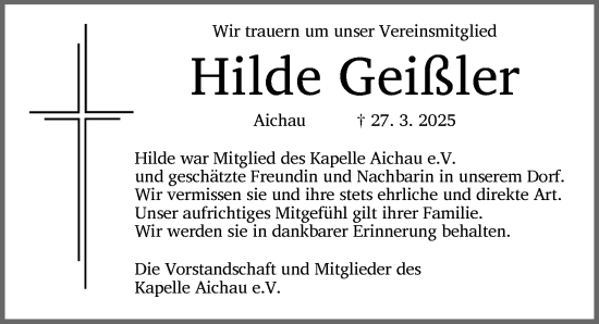 Traueranzeige von Hilde Geißler von Dinkelsbühl/ Feuchtwangen