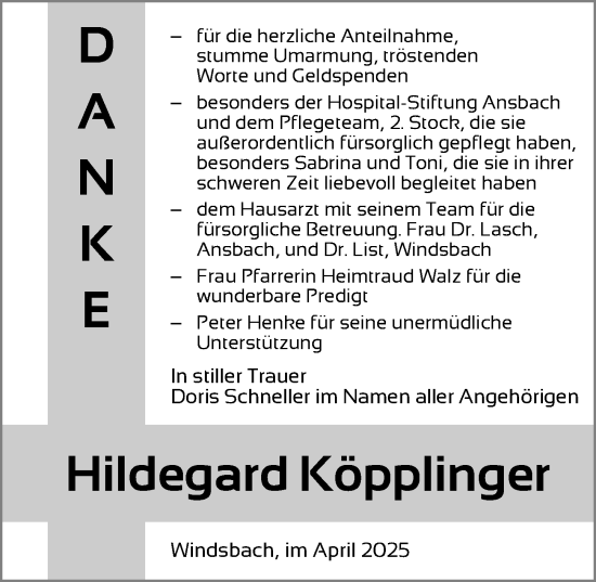 Traueranzeige von Hildegard Köpplinger von Ansbach